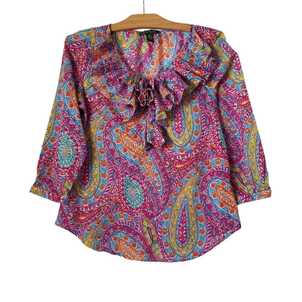 Lauren Ralph Lauren Paisley Blouse Pop Over Ruffle Neck Poet Fairycore Whimsy